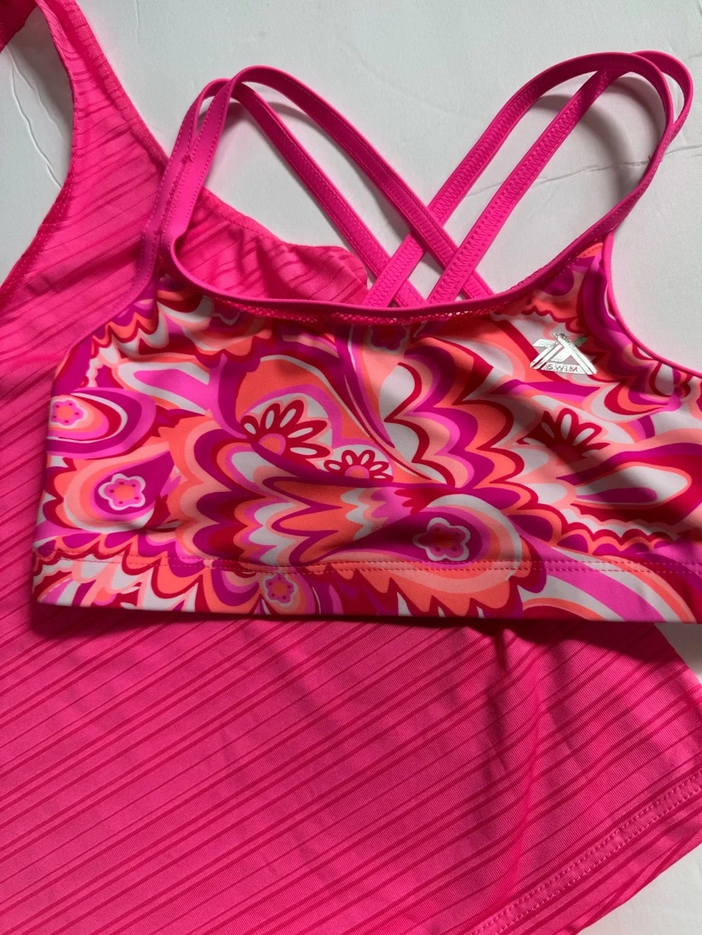 ZeroXPosur Girls 6x Swimsuit Pink Orange Flowers Swirl Bikini & Tank 3 Piece Set